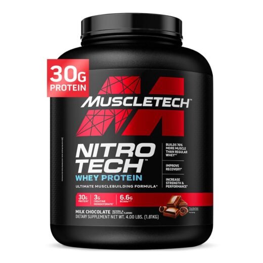 MuscleTech Nitro-Tech Whey Protein, 1.81kg (4lbs), Milk Chocolate, 30g Protein, 3g creatine monohydrate, 6.7g BCAA, ultimate muscle building formula, increase strength & performance